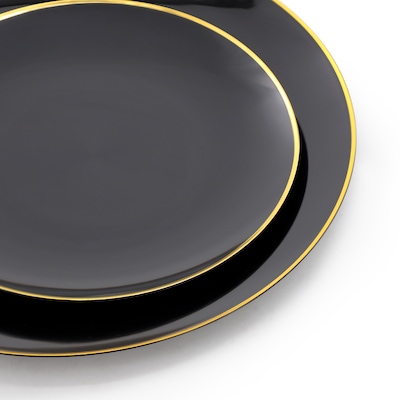Round Elama Plastic Dinnerware Set, Black/Golg, 150 Piece (935123351M)