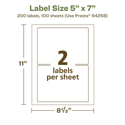 Avery EcoFriendly Laser/Inkjet Rectangle Multipurpose Labels, 5" x 7", White, 200/Box (94258)