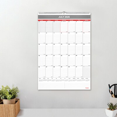 2026-2027 Staples 15.5" x 22.75" Academic Monthly Wall Calendar, White/Red/Gray (ST63501-27)