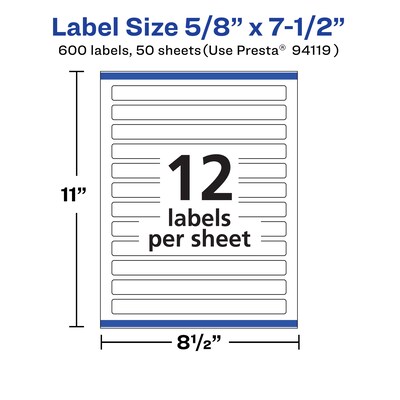 Avery Laser/Inkjet Rectangle Multipurpose Labels, 5/8" x 7-1/2", White, 600 Labels/Box (94119)