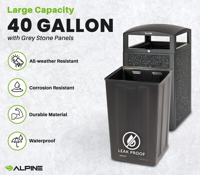 Alpine Industries Steel Outdoor Trash Can with Dome Lid, 40 Gallon, Gray Stone (471-40-GRYS)