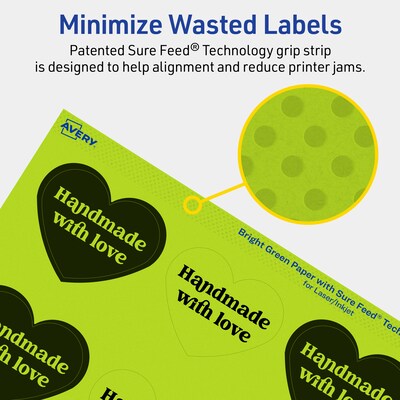 Avery Printable Heart Shaped Multipurpose Labels, 2-9/32" x 1-27/32", Bright Green, 480/Pack (94603)