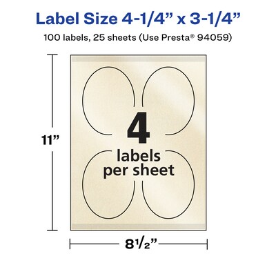 Avery Pearlized Ivory Oval Multipurpose Labels, 4.25" x 3.25", Ivory, 100/Pack (94059)
