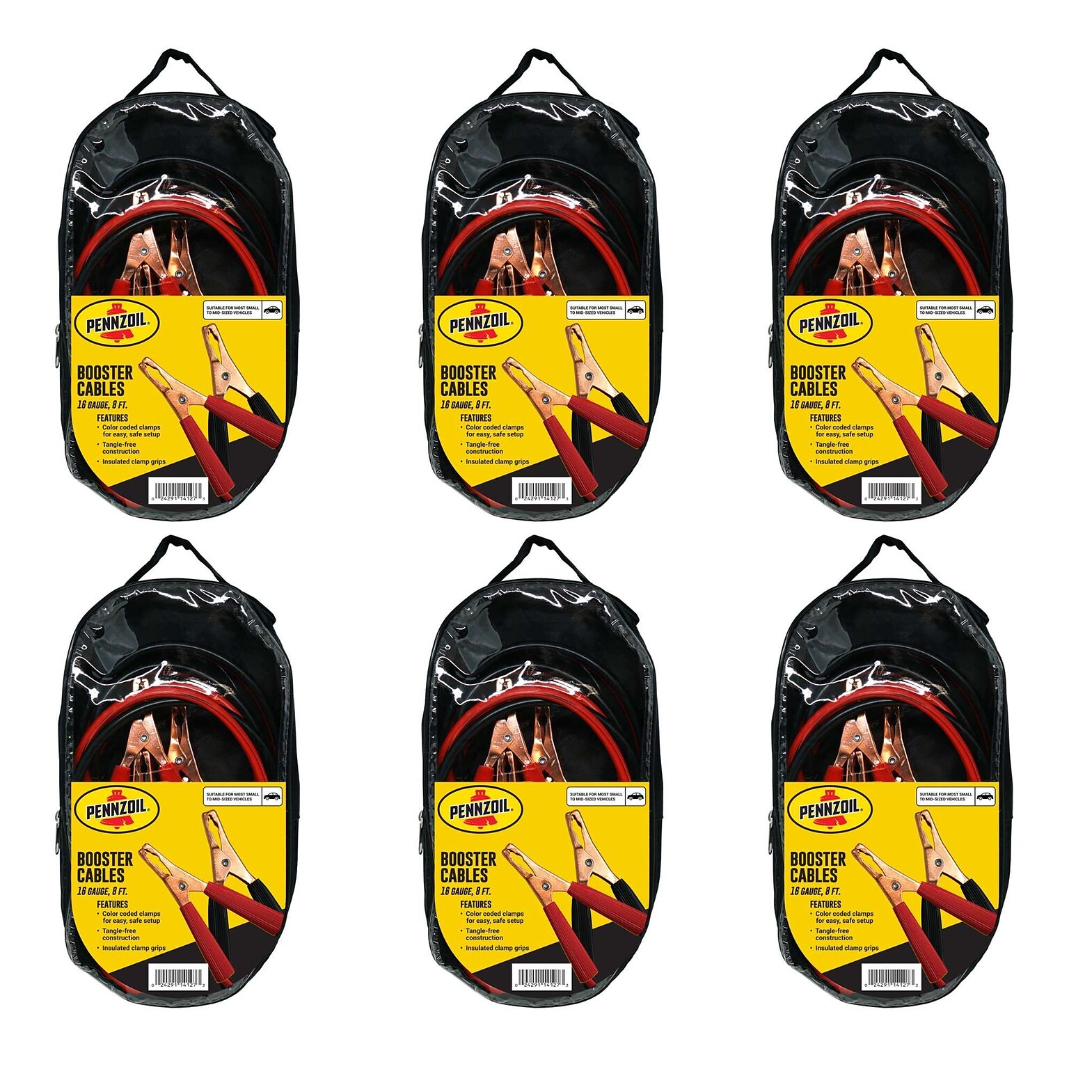 Pennzoil 8 Automobile Booster Cable, 16 Gauge Cables, Red & Black, 6/Pack, 2 Packs/Carton (14127)