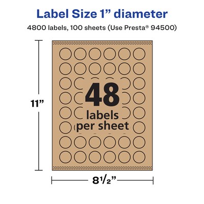 Avery Laser/Inkjet Circle Multipurpose Labels, 1" Dia., Kraft Brown, 4800 Labels/Box ( 94500)