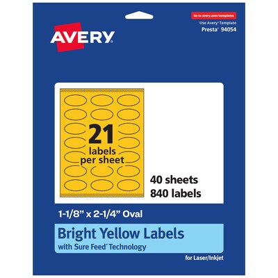 Avery Oval Laser/Inkjet Multipurpose Labels, 1-1/8 x 2-1/4, Bright Yellow (840/Box)