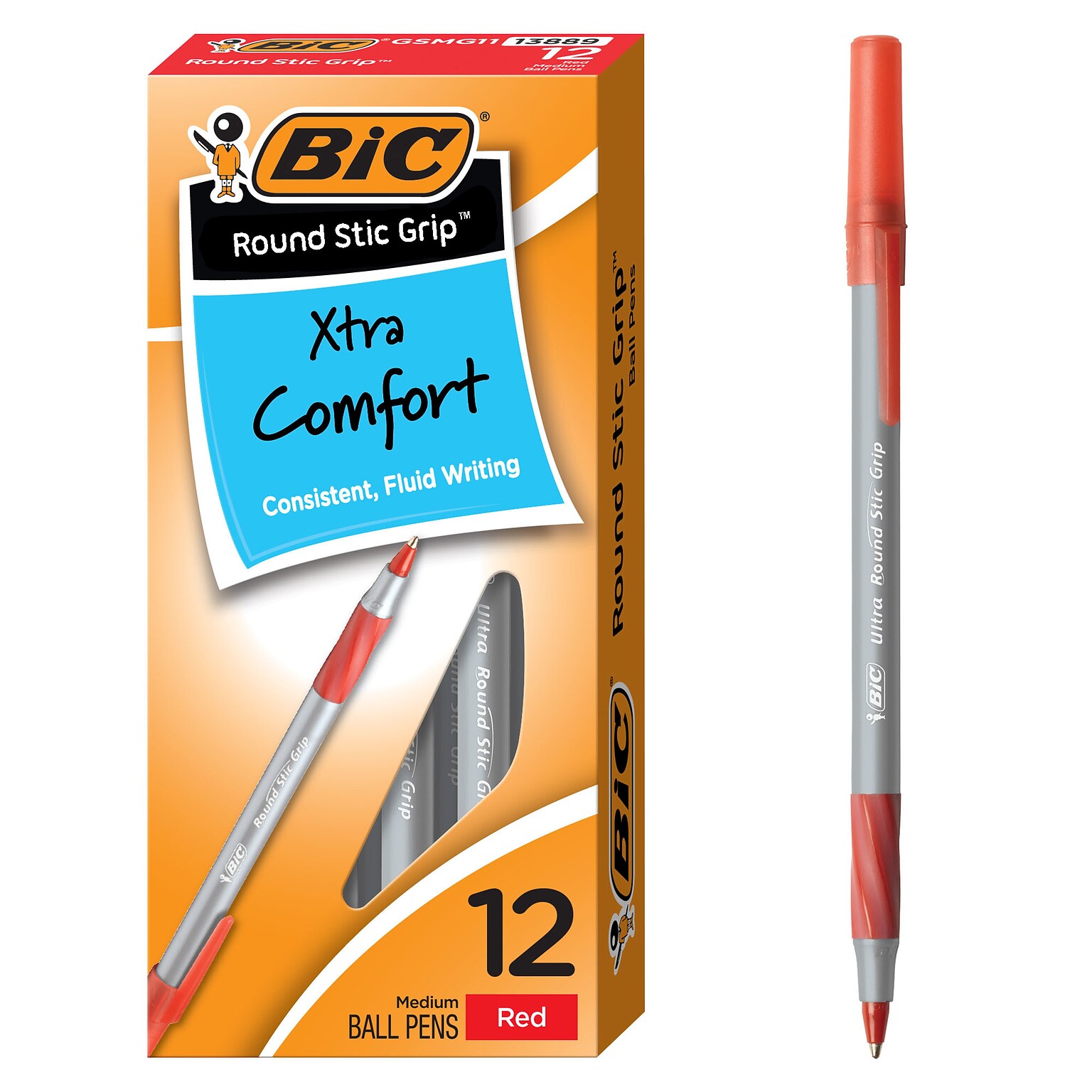 BIC Round Stic Grip Xtra Comfort Ballpoint Pens, Medium Point, Red Ink, Dozen (13889)