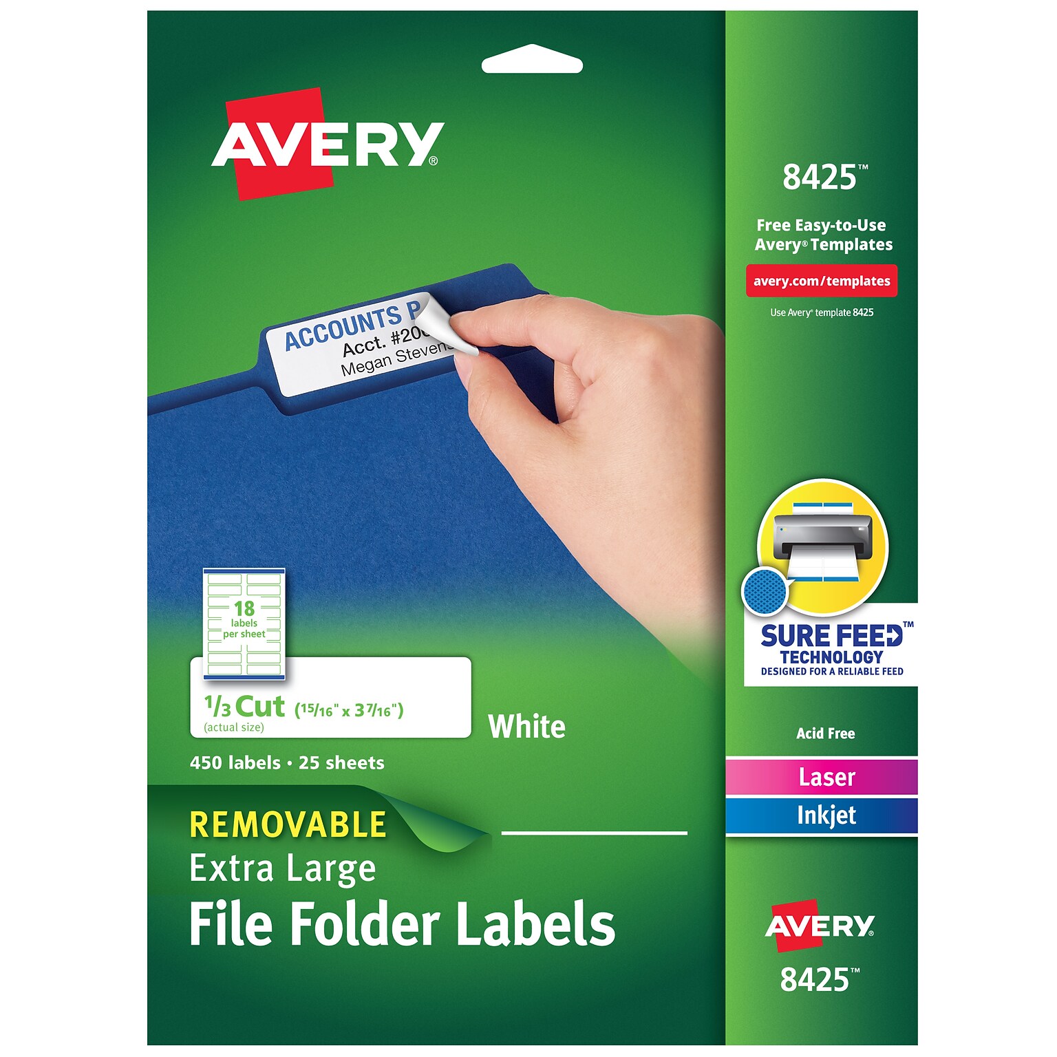 Avery Sure Feed Laser/Inkjet Extra Large File Folder Labels, 15/16 x 3-7/16, White, 450 Labels/Pack (8425)