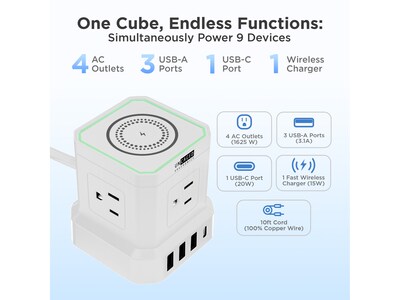 Uncaged Ergonomics Cube 4-Outlet 4-USB Port Surge Protector, 10', White (WC-10-w)