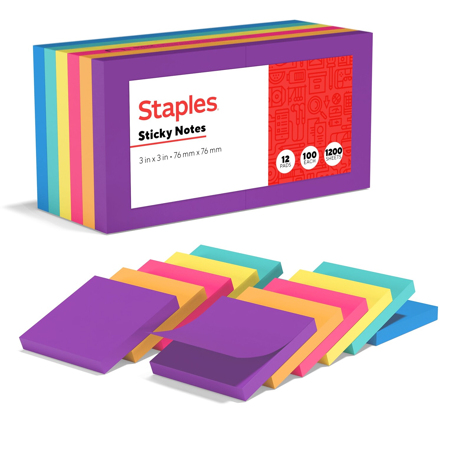 Staples Notes, 3 x 3, Sorbet Collection, 100 Sheet/Pad, 12 Pads/Pack (S-33BO12/52566)