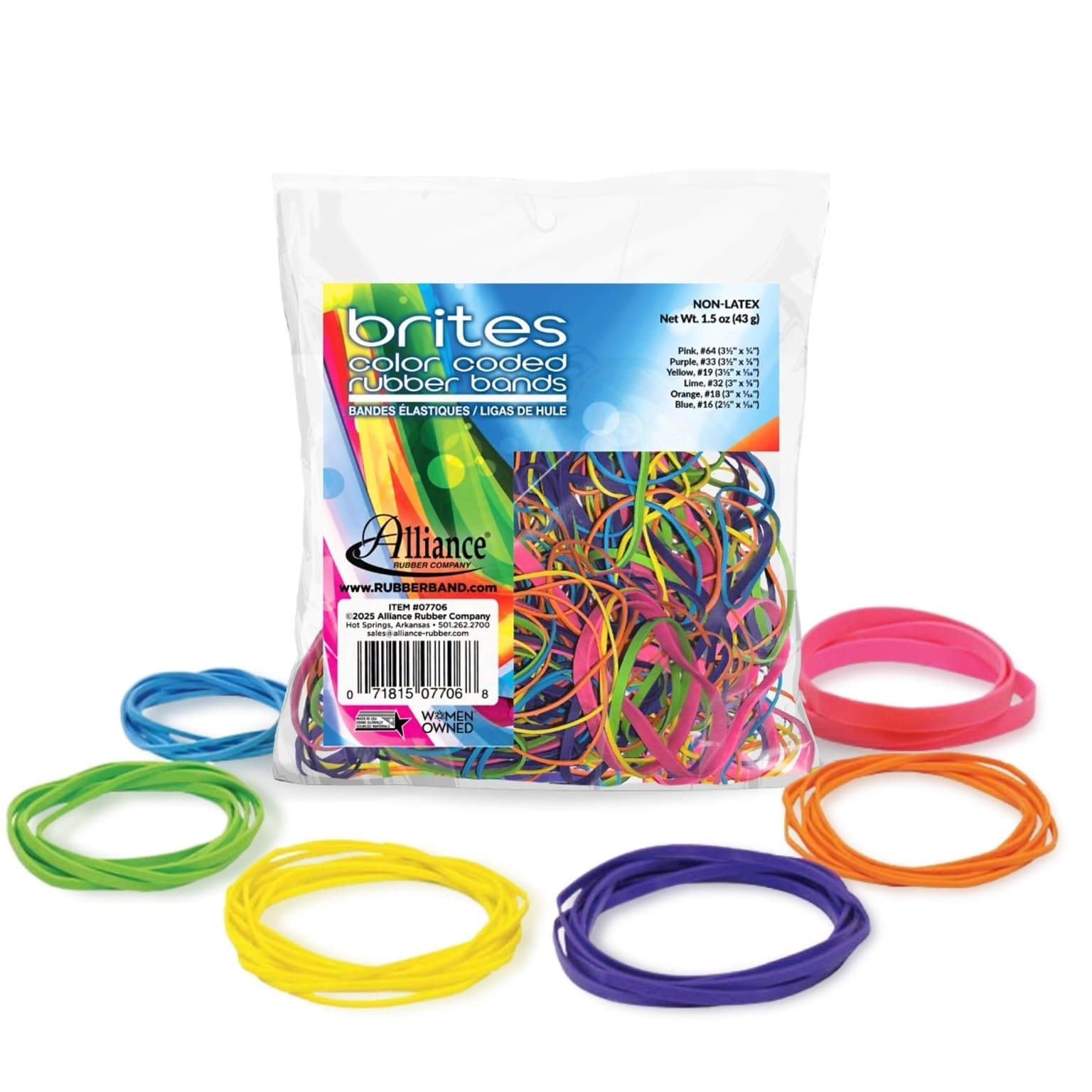 Alliance Rubber Brites Pic-Pac Multi-Purpose Assorted Rubber Bands, Non-Latex, Assorted Colors, 250/Bag (07706)