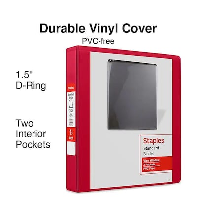 Standard 1.5 3 Ring View Binder with D-Rings, Red (58652)