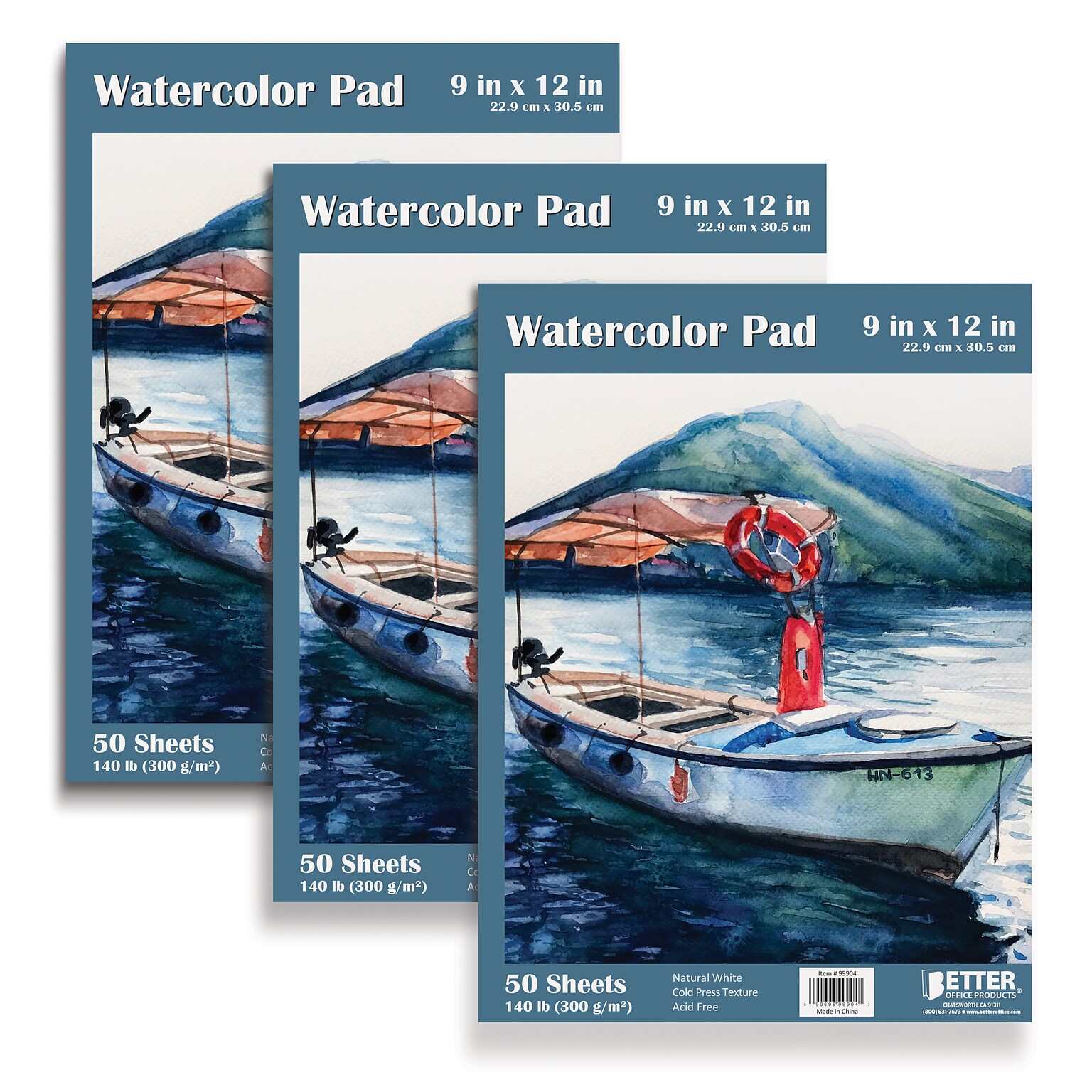 Better Office Products Watercolor Pads, Gaouche Books w/Cover, 9 x 12, Natural White, 150 Sheets/Pad, 3/Pack (01321-3PK)