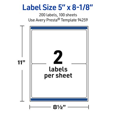 Avery Rectangle Laser Multipurpose Labels, 5" x 8-1/8", White, 200/Box (19479399379)