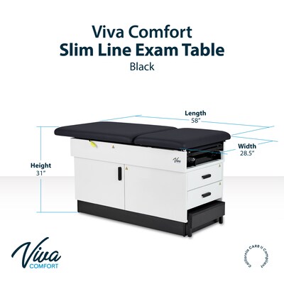 Viva Comfort Slimline Exam Table Base with Leg Rest, Step Stool, Drawers, Stirrups, 420 lb Capacity, Black (ADI996-FBSU-M2-BLK)