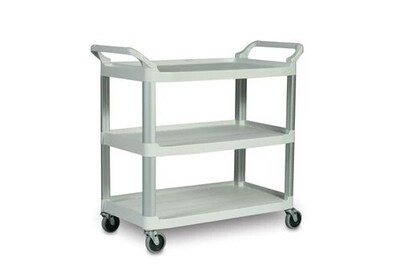 Rubbermaid Commercial 3-Shelf Plastic/Poly Mobile Utility Cart with Lockable Wheels, Off-White (FG409100OWHT)