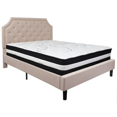 Flash Furniture Brighton Tufted Upholstered Platform Bed in Beige Fabric with Pocket Spring Mattress