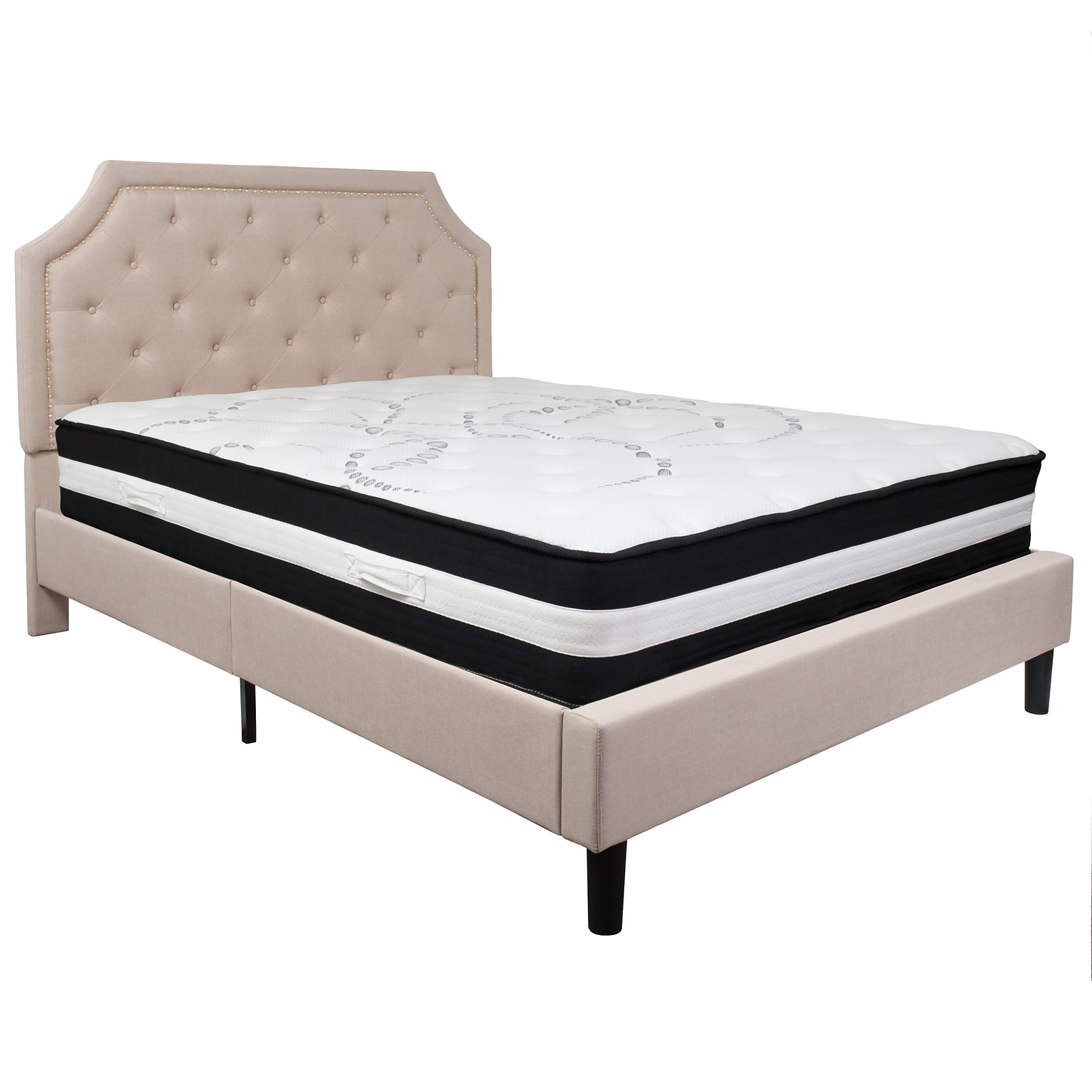 Flash Furniture Brighton Tufted Upholstered Platform Bed in Beige Fabric with Pocket Spring Mattress, Queen (SLBM3)