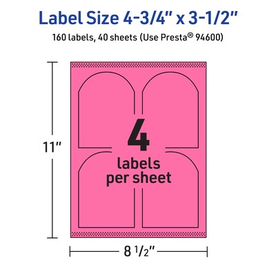 Avery Laser/Inkjet Arched Multipurpose Labels, 4.75" x 3.5", Bright Pink, 160/Pack (94600)