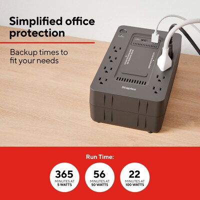 Staples TECH 650VA 8-Outlet Battery Back-Up & Surge Protector Standby UPS, Black (ST62784)