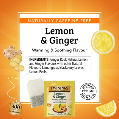 Twinings Caffeine Free Lemon & Ginger Herbal Tea Bags, 50/Box (TNA53653)