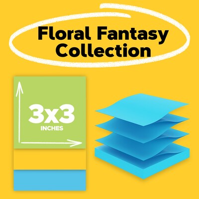 Post-it Pop-up Notes, 3" x 3", Floral Fantasy Collection, 100 Sheet/Pad, 18 Pads/Pack (R33018AUCP)