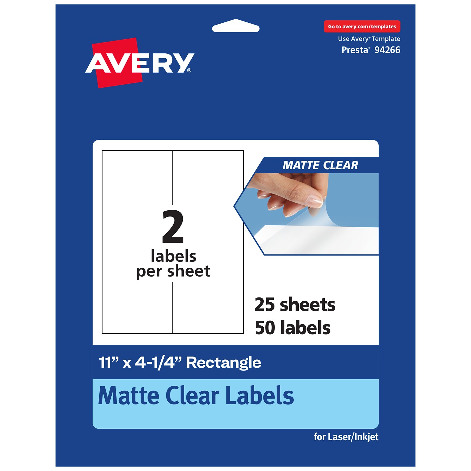 Avery Laser/Inkjet Rectangle Multipurpose Labels, 11 x 4-1/4, Clear, 50/Pack (94266)