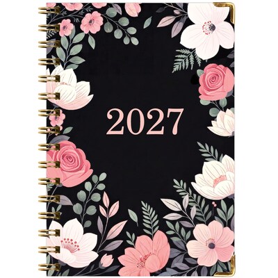 2027 Excello Brands 6" x 8" Weekly & Monthly Standard Planner, Paperboard Cover, Black Floral Pink (FSHN-CY27-58-06)