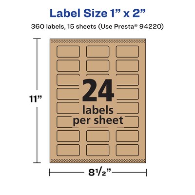 Avery Laser/Inkjet Rectangle Multipurpose Labels, 1" x 2", Kraft Brown, 360 Labels/Pack (94220)