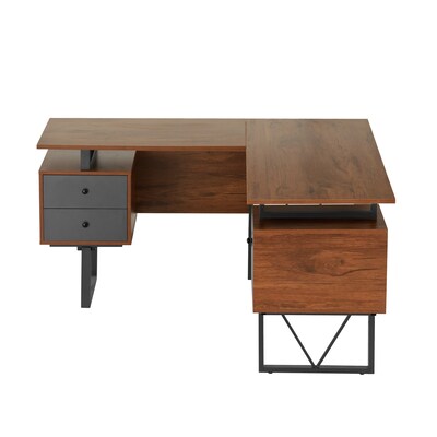 Techni Mobili 59" L-Shaped Desk with Drawers and File Cabinet, Walnut/Black (RTA-4809DL-WAL)
