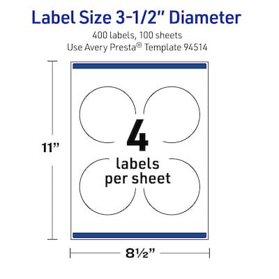 Avery Waterproof Round Laser Multipurpose Labels, 3.5" Dia., White, 400/Box (19479399455)