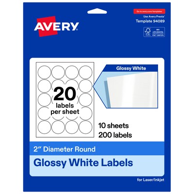 Avery Round Laser/Inkjet Multipurpose Labels, 2 Round, White, 20 Labels/Sheet, 10 Sheets/Pack (19479311227)
