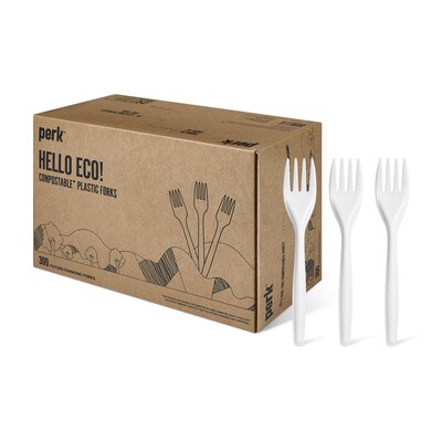 Perk™ Compostable PLA Fork, Medium-Weight, White, 1800/Carton (PK56201CT)