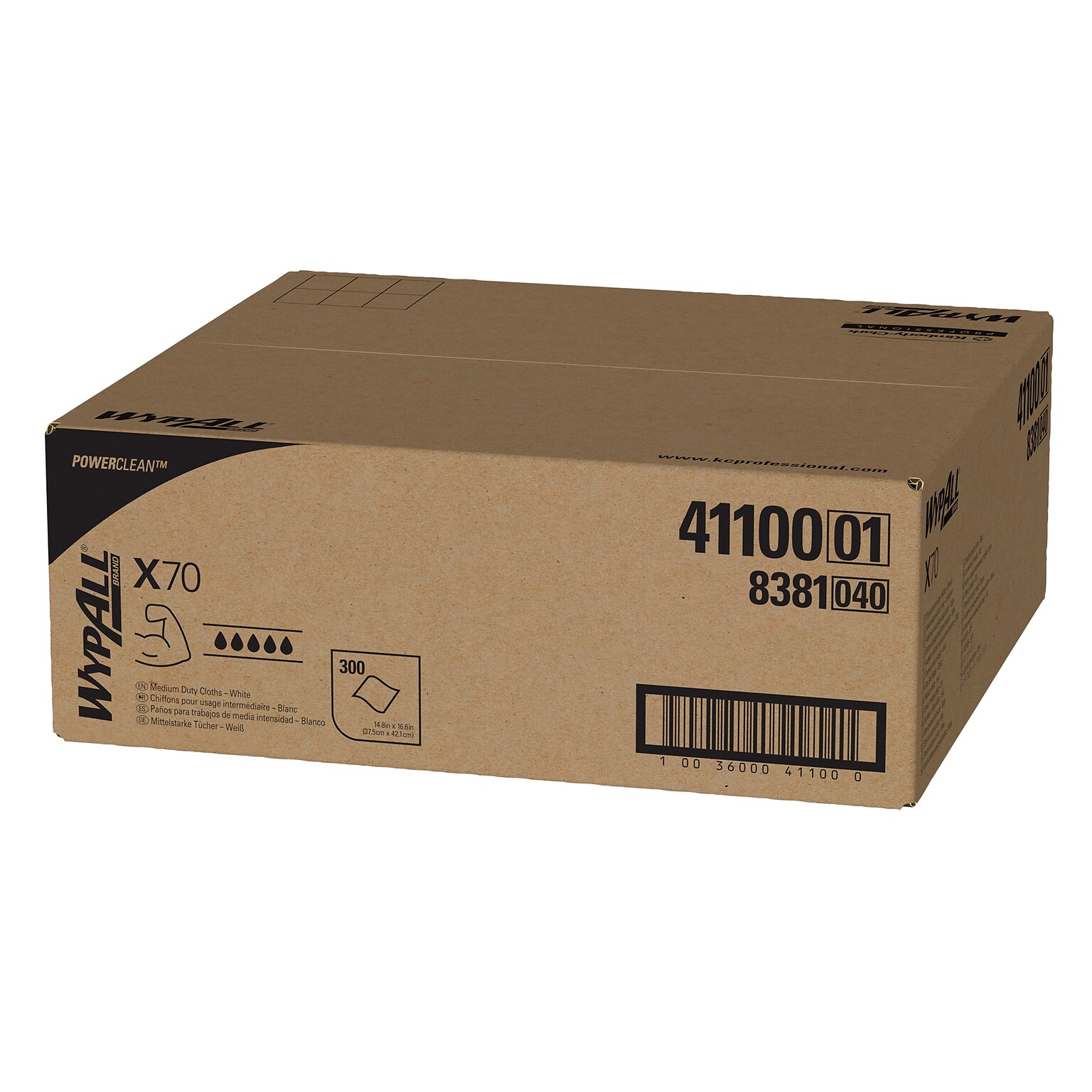 WypAll PowerClean X70 Cloths, 14.9 x 16.6, White, 300 Sheets/Box (41100)