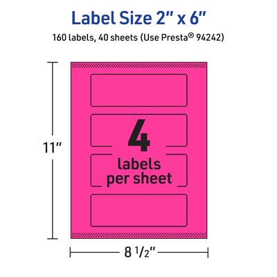 Avery Laser/Inkjet Rectangle Multipurpose Labels, 2" x 6", Neon Magenta, 160/Pack (94242)