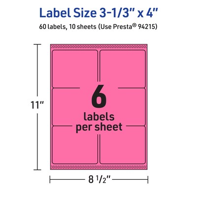 Avery Laser/Inkjet Rectangle Multipurpose Labels, 3-1/3" x 4", Bright Pink, 60/Pack (94215)