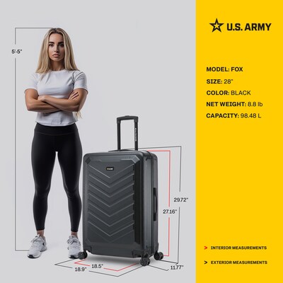 US Army FOX 28" Hardside Suitcase, 4-Wheeled Spinner, TSA Checkpoint Friendly, Black (USLFOX00L-BLK)