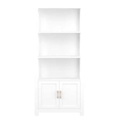 Martha Stewart Hutton 68" 4-Shelf Shaker Style Bookcase w/ Cabinet, White Engineered Wood/Polished Brass Hardware (ZG053WHGLD)