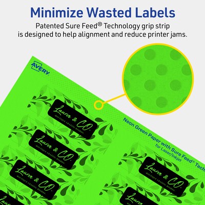 Avery Laser/Inkjet Multipurpose Rectangle Labels, 1" x 3", Neon Green, 1280/Box (94224)