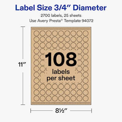 Avery Round Laser/Inkjet Multipurpose Labels, Kraft Brown, 108 Labels/Sheet, 25 Sheets/Pack (19479311156)