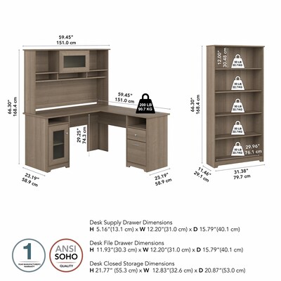 Bush Furniture Cabot 60"W L-Shaped Desk with Hutch and 5-Shelf Bookcase, Ash Gray (CAB011AG)