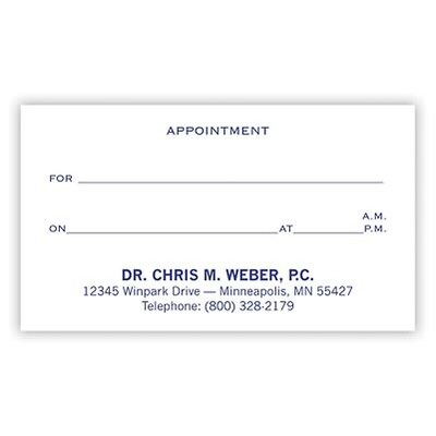 Custom 1-2 Color Appointment Cards, Blue Index 110# Cover Stock, Raised Print, 1 Standard Ink, 1-Sid