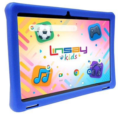 LINSAY F10 Series 10.1" Tablet, Wi-Fi, Octa Core, 256GB eMMC, Android 15, Blue Kids Defender Case & Backpack