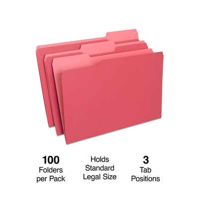 Staples® File Folders, 1/3 Cut Tab, Legal Size, Red, 100/Box (TR224550/344939)