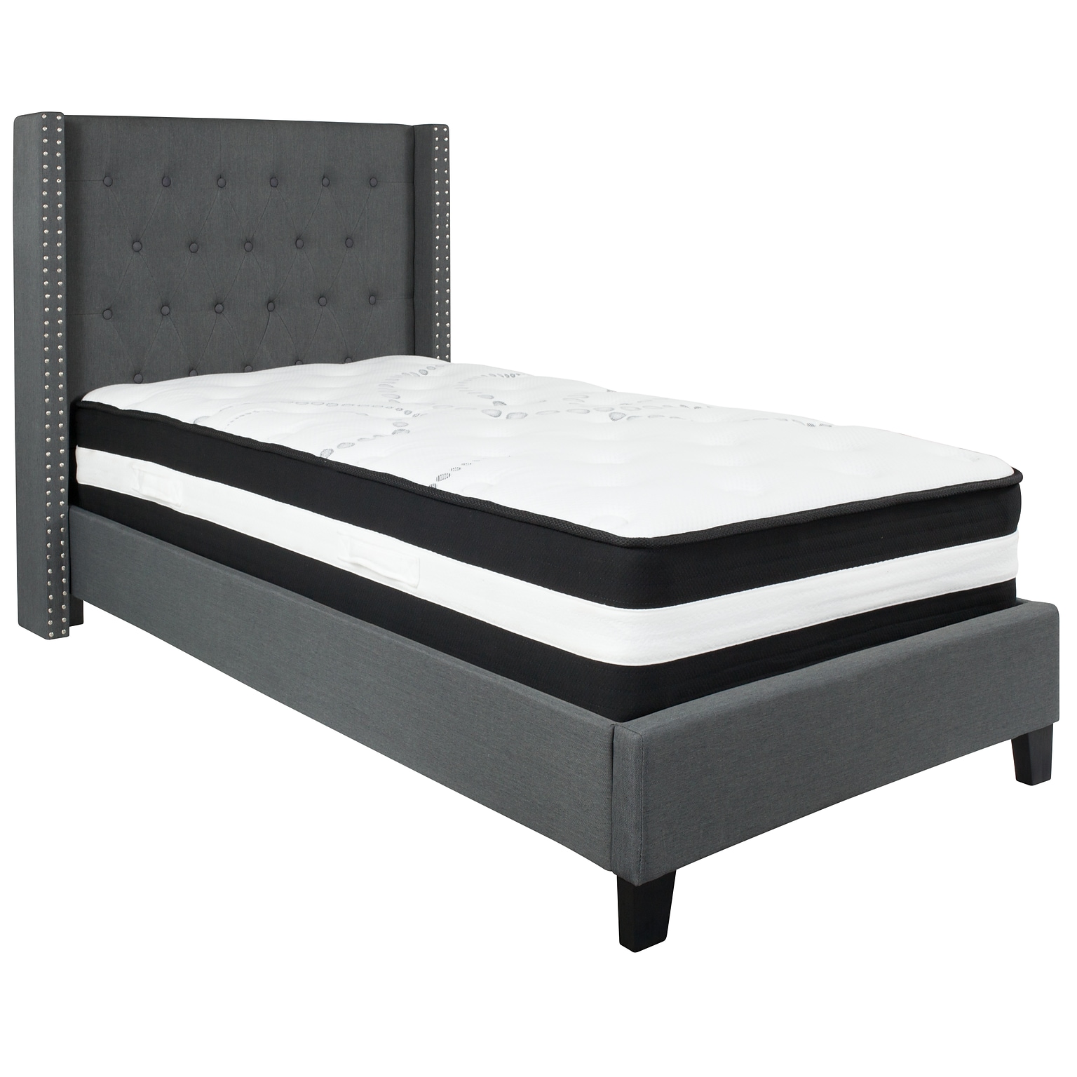 Flash Furniture Riverdale Tufted Upholstered Platform Bed in Dark Gray Fabric with Pocket Spring Mattress, Twin (HGBM45)