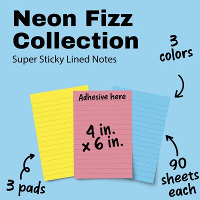 Post-it Super Sticky Notes, 4 x 6, Neon Fizz Collection, Lined, 90 Sheet/Pad, 3 Pads/Pack (6603SSUC)