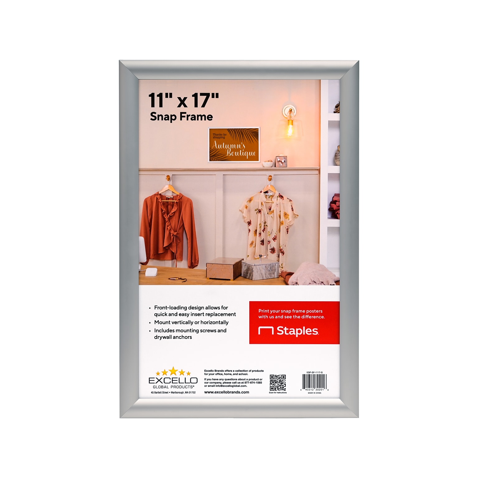 Excello Global Products Snap Frame Poster Holder, 11 x 17, Wall Mounted, Silver Aluminum (EGP-SF-1117-S)
