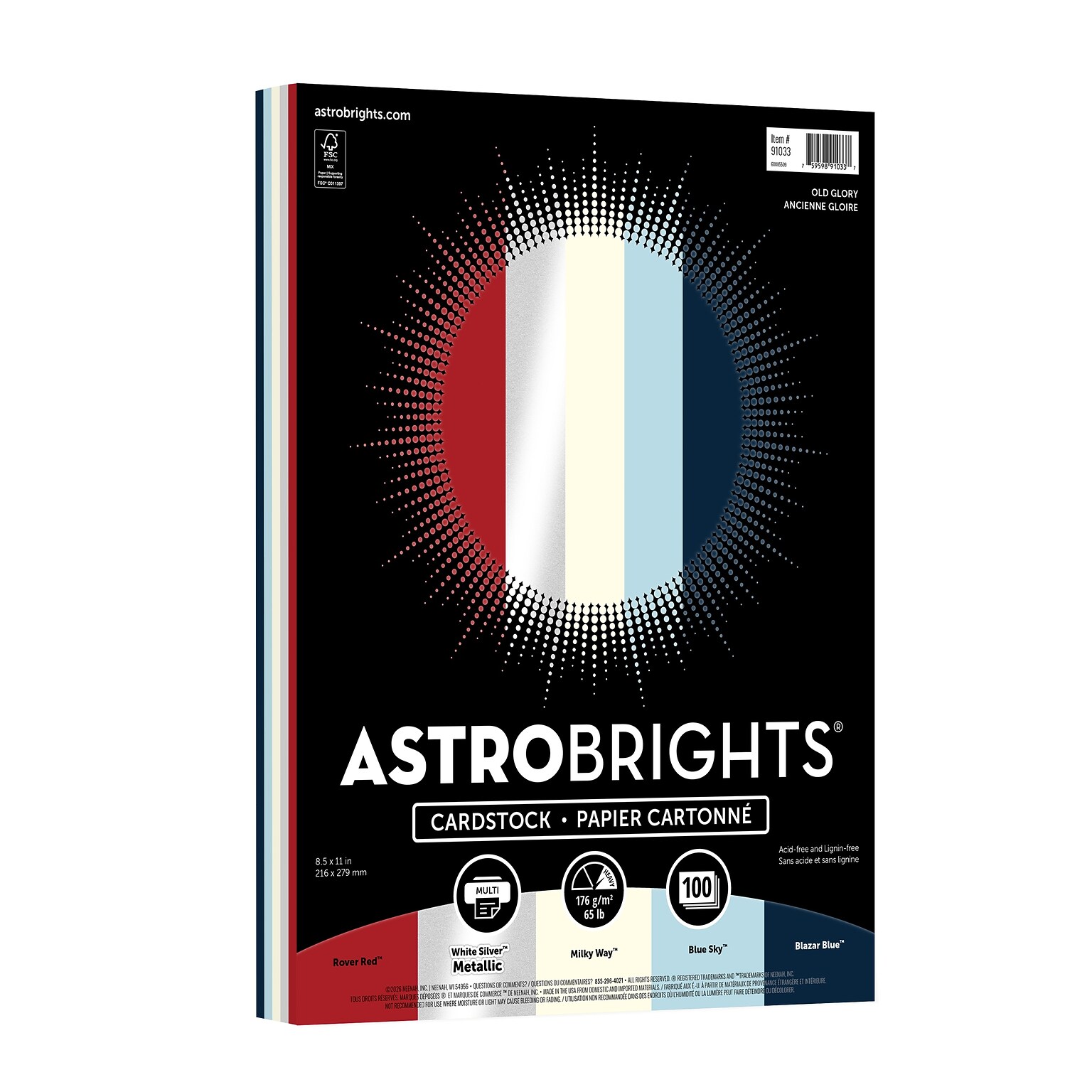Astrobrights 65 lb. Cardstock Paper, 8.5 x 11, Old Glory, 100 Sheets/Ream (91033)