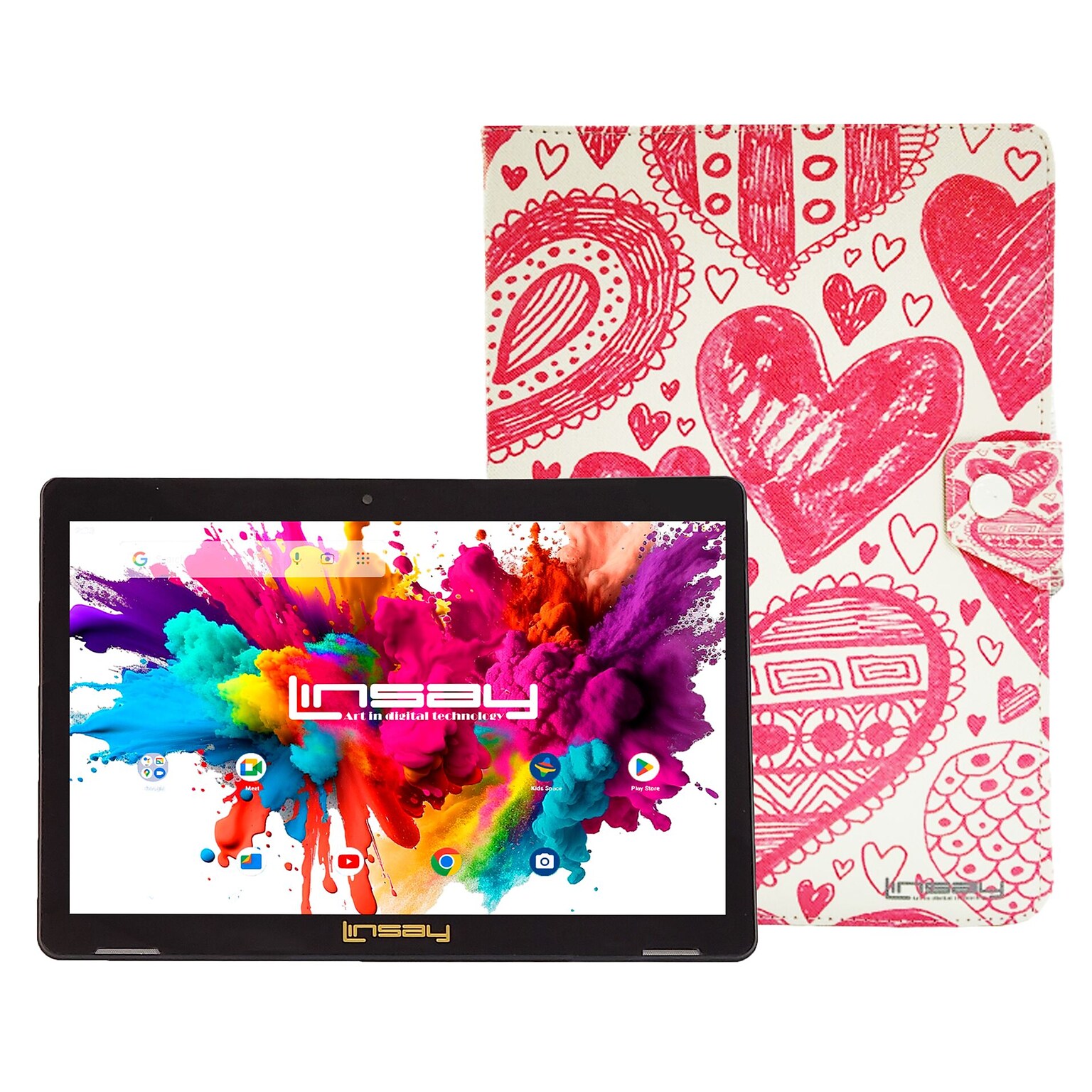 Linsay Octa Core 10.1 Tablet, 4GB RAM, 128GB Storage, Android 13, Bundled with Love shape Case and Stylus Pen
