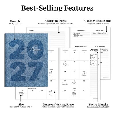2027 TF Publishing Denim 6.5" x 8" Monthly Standard Planner, Paperboard Cover, Multicolored (27-4202)